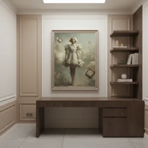 Момиче в бяла рокля с къдрава руса коса, заобиколено от летящи стари часовници в облачна сива среда, сюрреалистична сцена с мека светлина