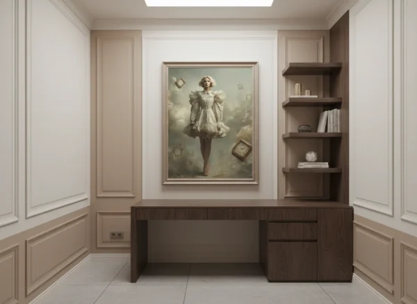 Момиче в бяла рокля с къдрава руса коса, заобиколено от летящи стари часовници в облачна сива среда, сюрреалистична сцена с мека светлина