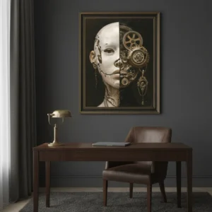 Сюрреалистична човешка глава, разделена наполовина – лява страна бяла и гладка кожа, дясна страна механична с шевове, зъбни колела, механизми и вериги в бронзово-златисти тонове на тъмен фон