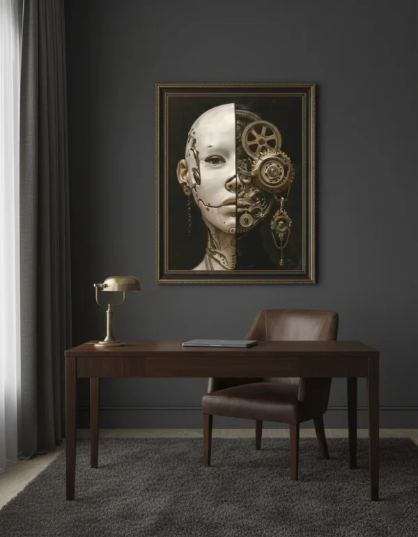 Сюрреалистична човешка глава, разделена наполовина – лява страна бяла и гладка кожа, дясна страна механична с шевове, зъбни колела, механизми и вериги в бронзово-златисти тонове на тъмен фон