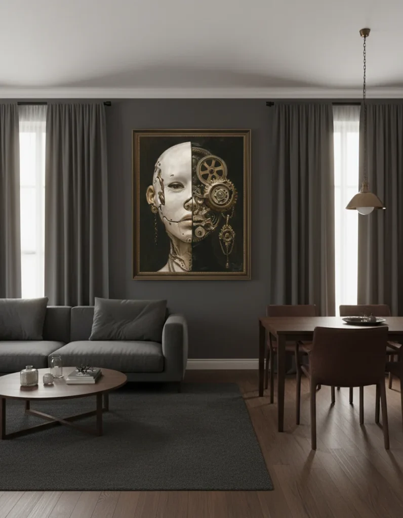 Сюрреалистична човешка глава, разделена наполовина – лява страна бяла и гладка кожа, дясна страна механична с шевове, зъбни колела, механизми и вериги в бронзово-златисти тонове на тъмен фон