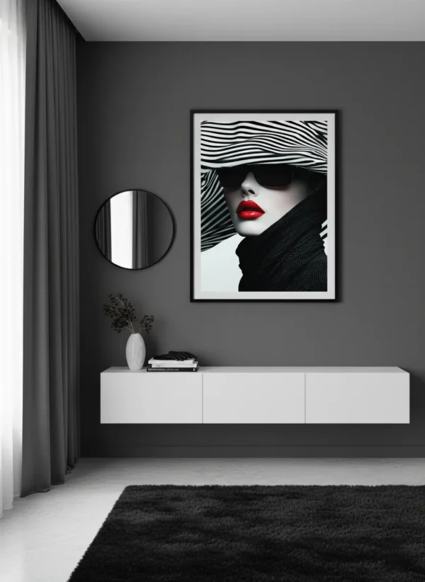 Жена с голяма черно-бяла раирана шапка, тъмни слънчеви очила и червени устни, черен шал и фон в черно-бяло, висока мода стил с драматичен контраст