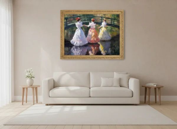 Три жени в цветни рокли с цветни шапки се разхождат ръка за ръка по зелен японски мост над езеро с лилии и цветя, импресионистичен стил на Клод Моне