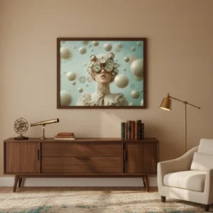 Сюрреалистична жена с викториански очила, покрити с множество джобни часовници, плаващи бели сфери около нея, пастелно-ментова фон, мечтателна steampunk естетика