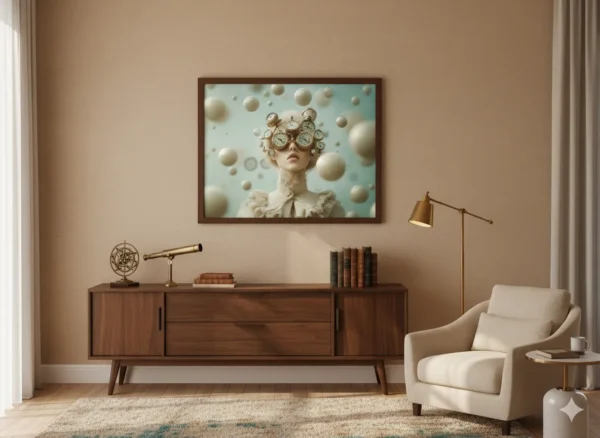 Сюрреалистична жена с викториански очила, покрити с множество джобни часовници, плаващи бели сфери около нея, пастелно-ментова фон, мечтателна steampunk естетика