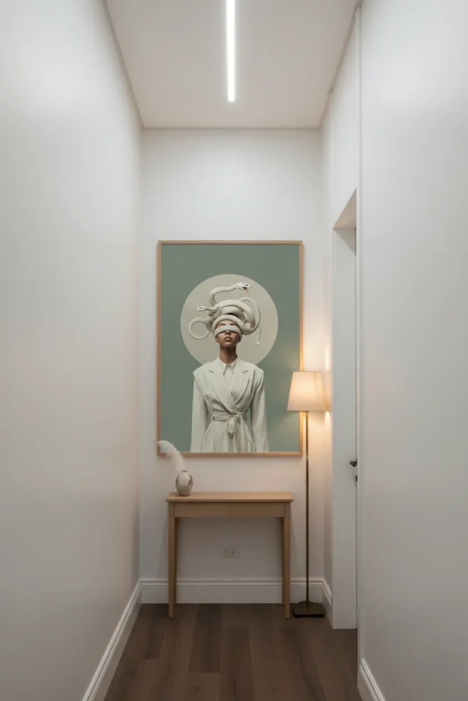 вертикален принт върху стена в коридора