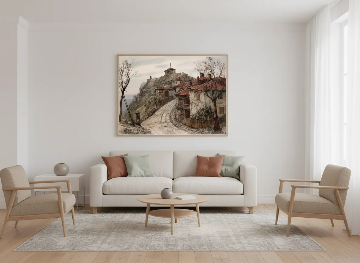 Хълм с криволичеща пътека през къщи и дървета, акварелен стил с меки кафяви и сиви тонове