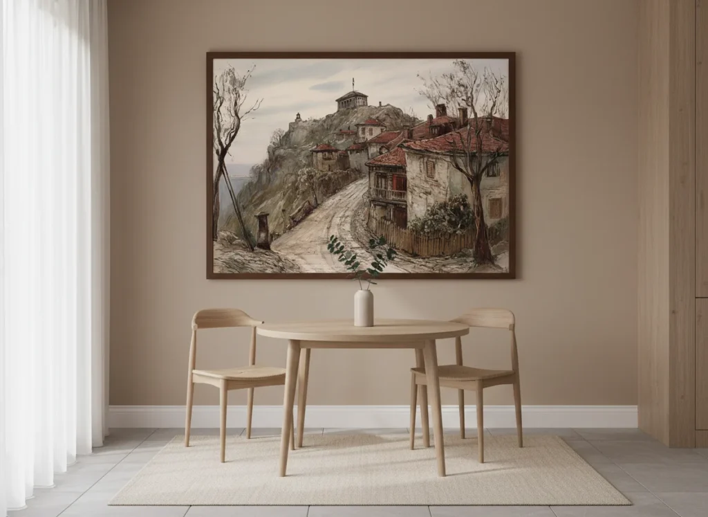 Хълм с криволичеща пътека през къщи и дървета, акварелен стил с меки кафяви и сиви тонове