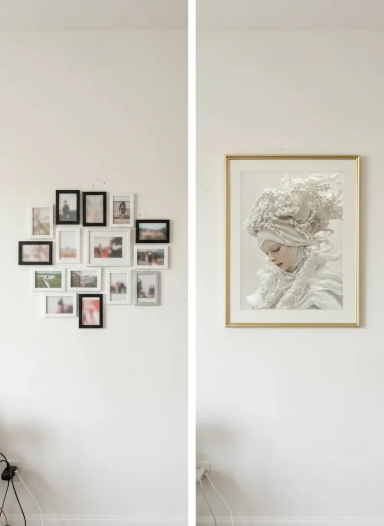 стена с много малки рамки vs. един голям принт