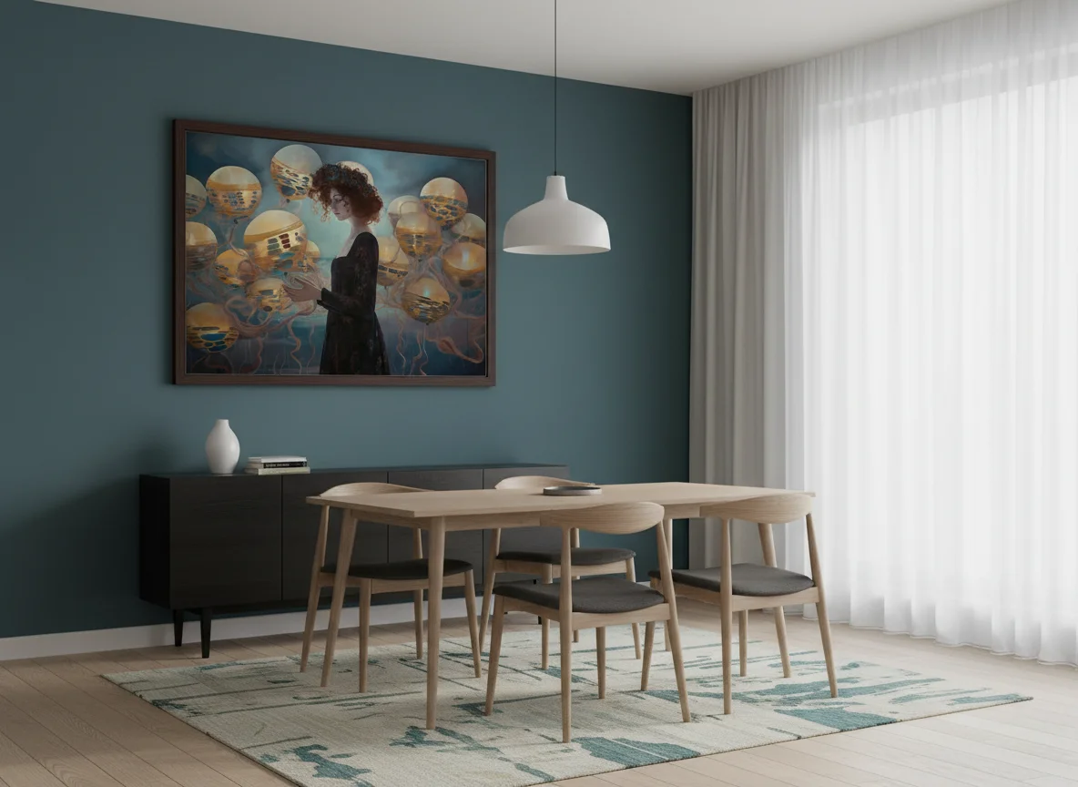 Жена с цветна корона от цветя сред прозрачни балони-медузи в синьо-златисти тонове, сюрреалистична фантазия на тъмен фон