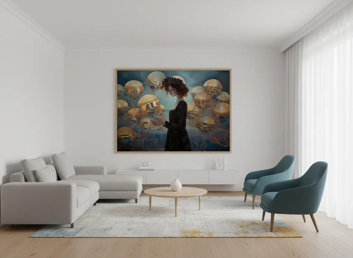 Жена с цветна корона от цветя сред прозрачни балони-медузи в синьо-златисти тонове, сюрреалистична фантазия на тъмен фон