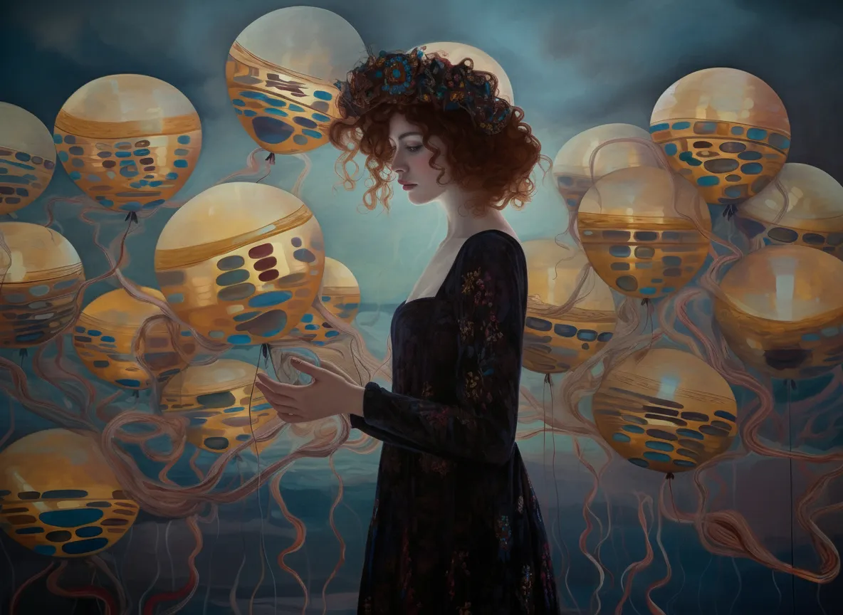 Жена с цветна корона от цветя сред прозрачни балони-медузи в синьо-златисти тонове, сюрреалистична фантазия на тъмен фон