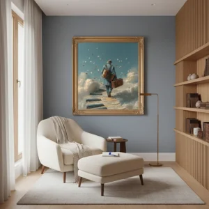 Мъж с гръб, облечен в синьо палто и кафява шапка, носи акордеон и стар куфар, върви по стълби към небе, летящи банкноти и хартии около него, син фон