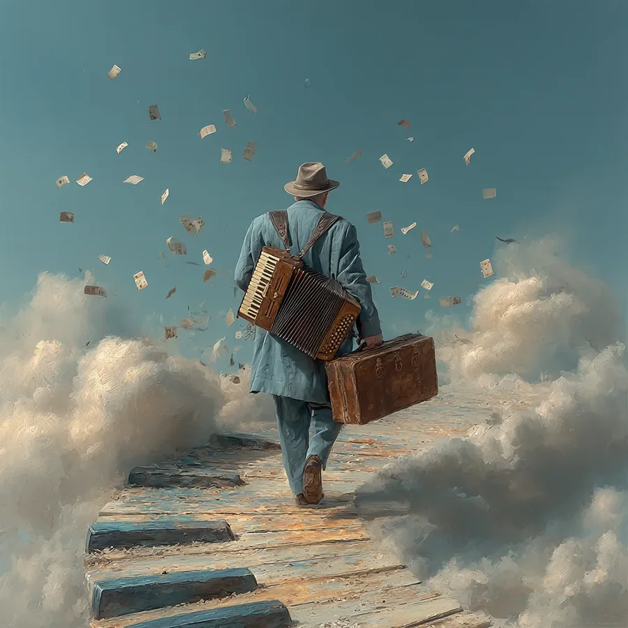 Мъж с гръб, облечен в синьо палто и кафява шапка, носи акордеон и стар куфар, върви по стълби към небе, летящи банкноти и хартии около него, син фон