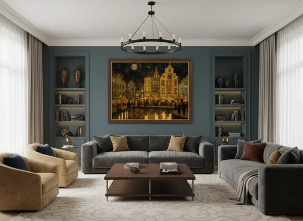 Нощен канал в Брюж с отразена луна, класически къщи с топли прозорци, лодки и силуети на хора по брега, импресионистичен стил с топли и тъмни тонове