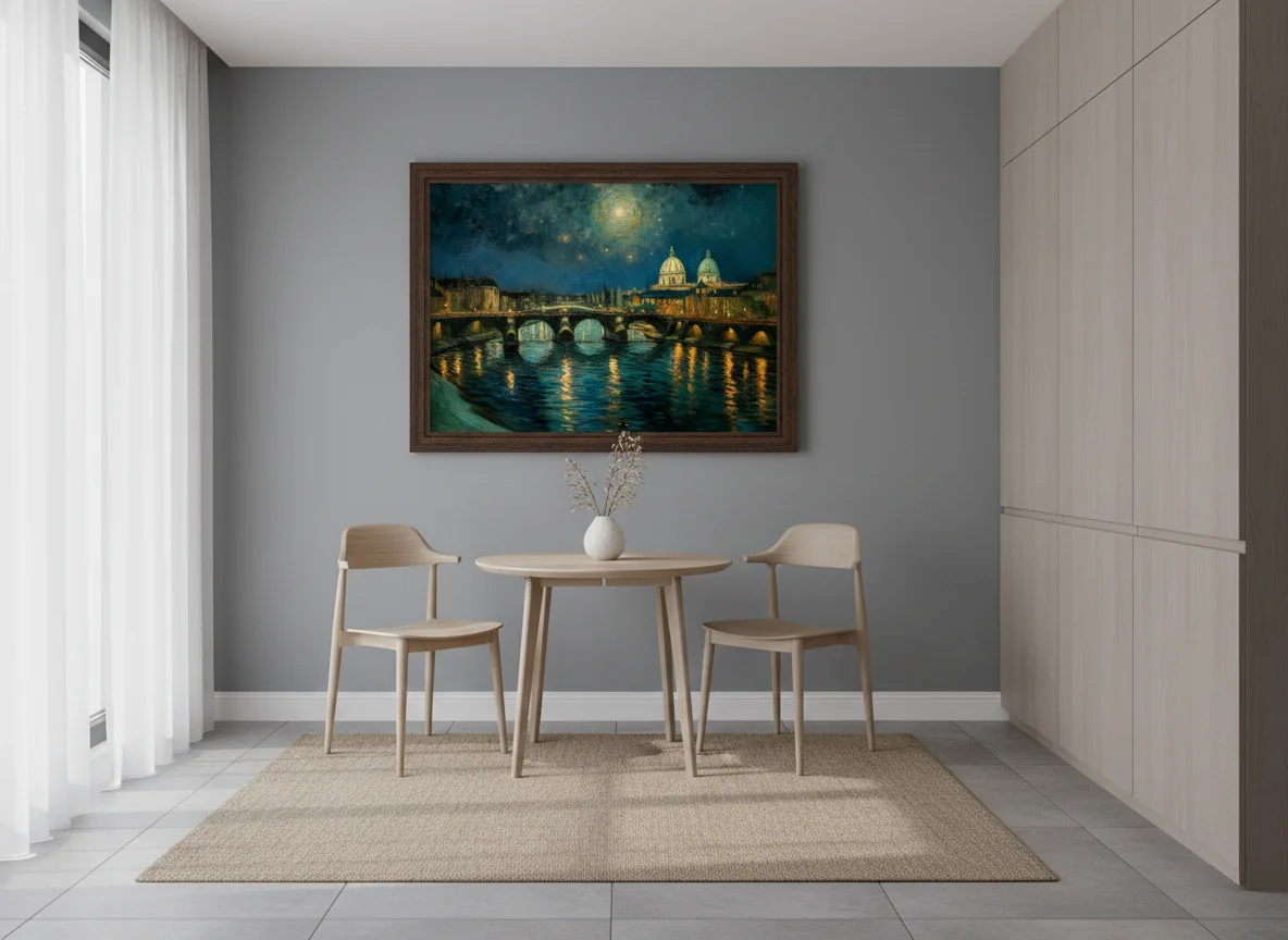 Нощен мост във Флоренция с куполи на църкви, въртящо се звездно небе и спирална луна, импресионистичен стил с тъмносиньо и златисти акценти