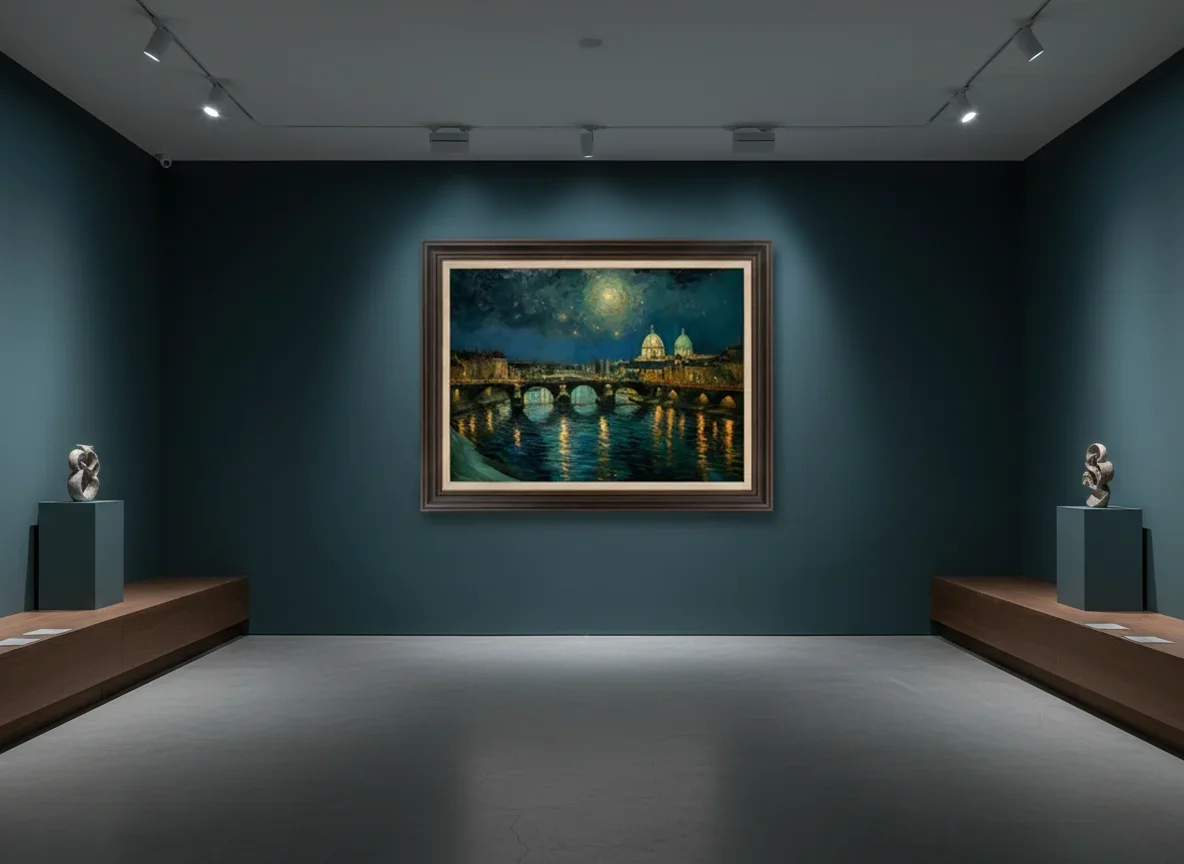 Нощен мост във Флоренция с куполи на църкви, въртящо се звездно небе и спирална луна, импресионистичен стил с тъмносиньо и златисти акценти