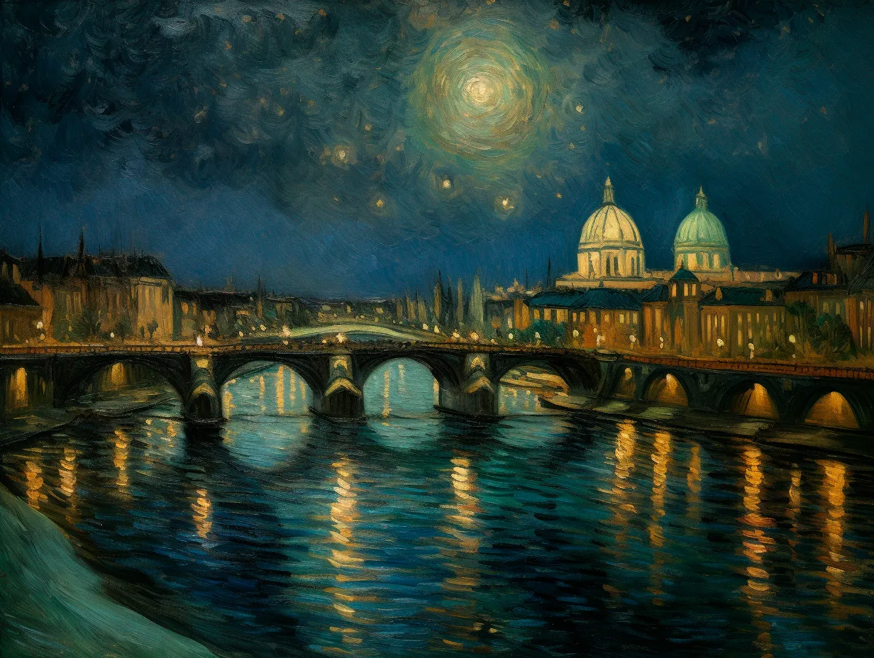 Нощен мост във Флоренция с куполи на църкви, въртящо се звездно небе и спирална луна, импресионистичен стил с тъмносиньо и златисти акценти
