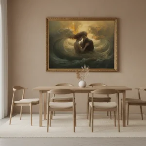 Двойка в прегръдка сред златисти океански вълни, косите им се сливат с водата, мека светлина и топли тонове