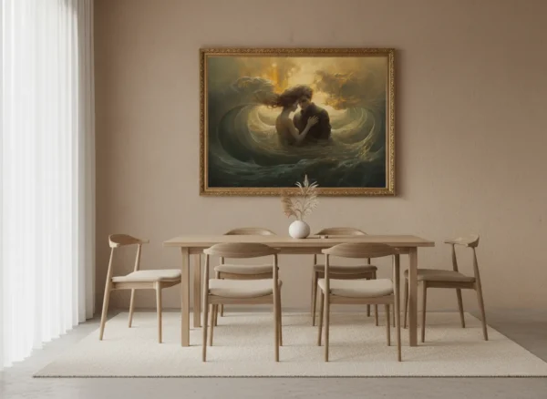 Двойка в прегръдка сред златисти океански вълни, косите им се сливат с водата, мека светлина и топли тонове