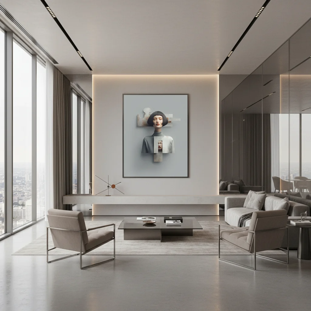 Жена с къса черна коса и червени устни, лицето ѝ е част от голям сив пъзел с ръждясали ръбове, парчета от лицето ѝ са разместени, сива фонова среда