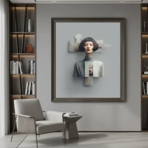 Жена с къса черна коса и червени устни, лицето ѝ е част от голям сив пъзел с ръждясали ръбове, парчета от лицето ѝ са разместени, сива фонова среда