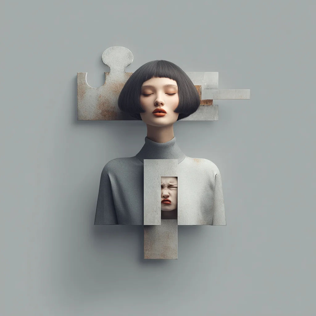 Жена с къса черна коса и червени устни, лицето ѝ е част от голям сив пъзел с ръждясали ръбове, парчета от лицето ѝ са разместени, сива фонова среда