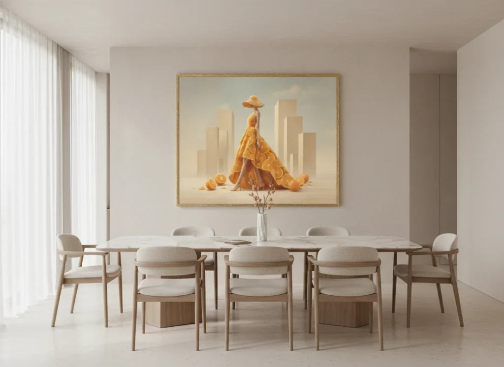 Елегантна жена в дълга оранжева рокля от портокалови резени, с широка шапка от портокал, заобиколена от портокалови плодове и големи бежови кубични блокове в мека оранжева светлина и неутрален фон