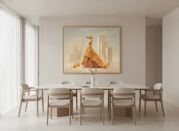 Елегантна жена в дълга оранжева рокля от портокалови резени, с широка шапка от портокал, заобиколена от портокалови плодове и големи бежови кубични блокове в мека оранжева светлина и неутрален фон