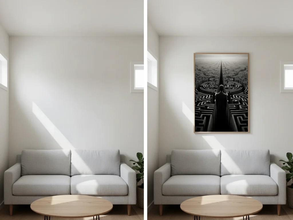 Абстрактен или пейзажен принт с дълбочина и хоризонт отваря визуално тясна стая без прозорци.