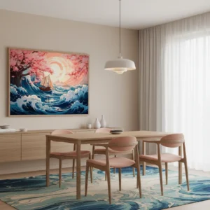 Сакура цъфтящи дървета над бурни океански вълни, платноходки в розово-златист залез, японски стил с големи вълни и кръгло слънце