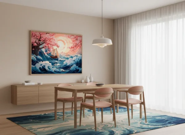 Сакура цъфтящи дървета над бурни океански вълни, платноходки в розово-златист залез, японски стил с големи вълни и кръгло слънце