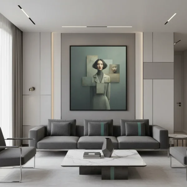 Жена в сива рокля с висока яка, заобиколена от абстрактни сиви и бежови платна/картини с човешки лица и емоции, тъмносив фон с кръстовидна композиция