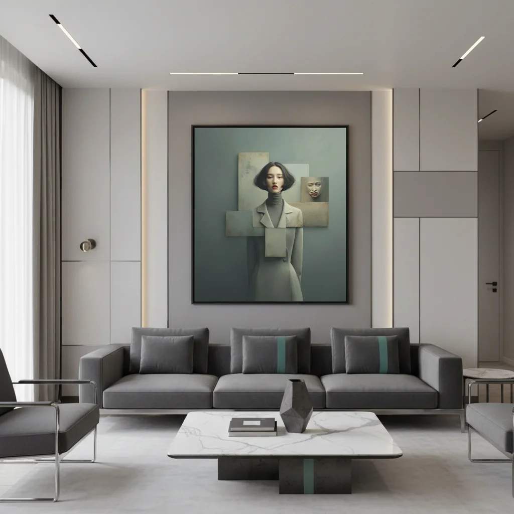 Жена в сива рокля с висока яка, заобиколена от абстрактни сиви и бежови платна/картини с човешки лица и емоции, тъмносив фон с кръстовидна композиция