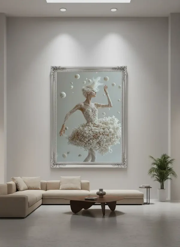 Принт за стена - ефирна балерина в перлена рокля, заобиколена от плаващи мехурчета – декор за дома