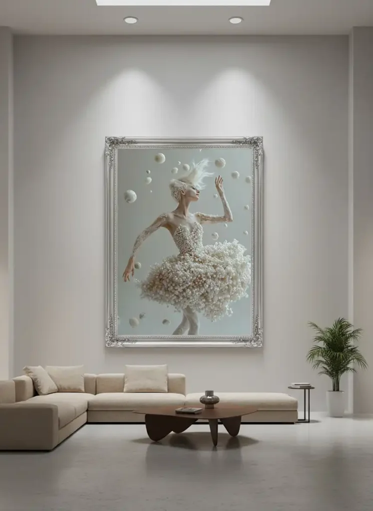 Принт за стена - ефирна балерина в перлена рокля, заобиколена от плаващи мехурчета – декор за дома