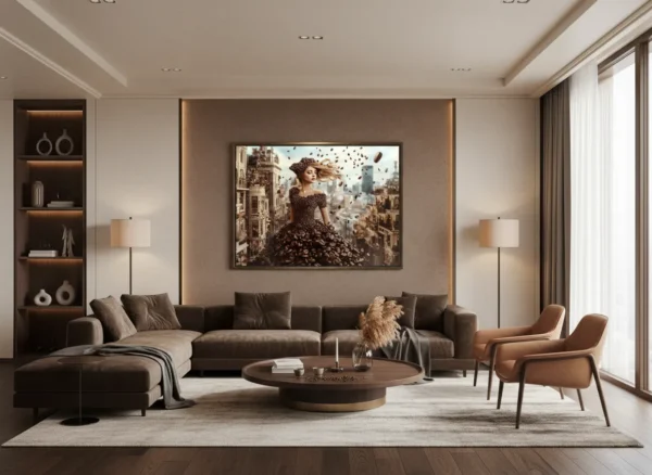 Жена в рокля от кафеени зърна, летящи зърна над бароков градски пейзаж, сюрреалистична кафе мода сцена с топли тонове и динамика