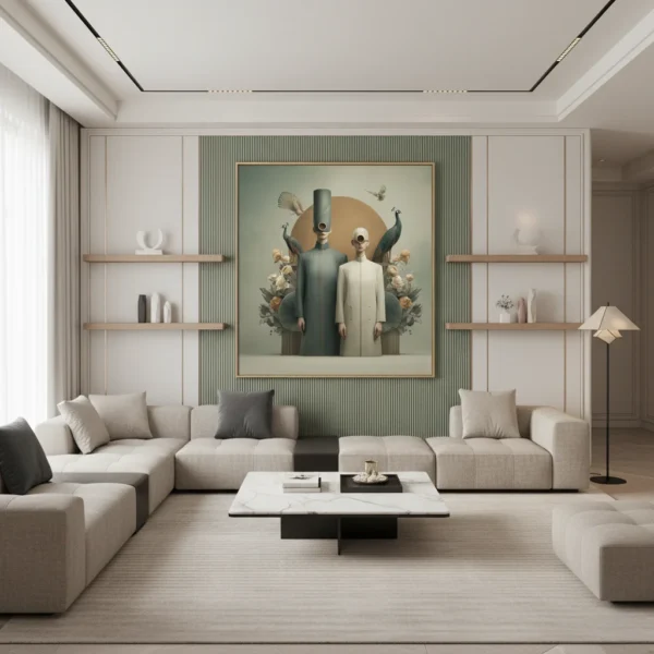 Двойка в сиви дрехи с високи яки, заобиколени от абстрактни сиви и бежови платна с човешки лица и емоции, тъмносив фон с кръстовидна композиция