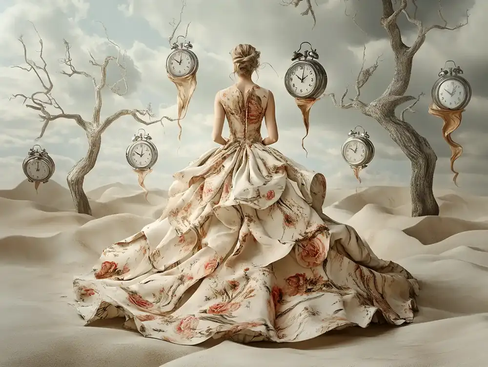 Принт за стена - жена с гръб в розова рокля, заобиколена от топящи се часовници сред мъртви дървета в пустиня