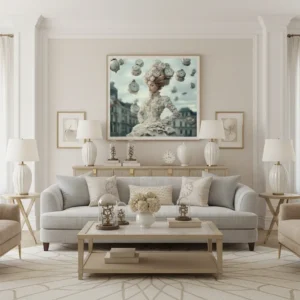 Стиймпънк дама с прическа от множество антикварни часовници и кулички, плаващи джобни часовници около нея, викторианска рокля в пастелни тонове, сюрреалистична сцена