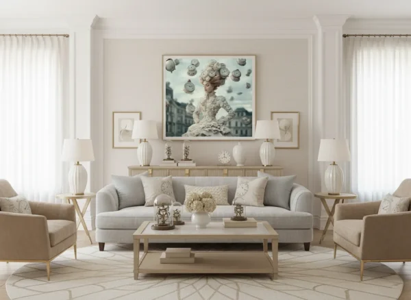 Стиймпънк дама с прическа от множество антикварни часовници и кулички, плаващи джобни часовници около нея, викторианска рокля в пастелни тонове, сюрреалистична сцена