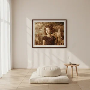 Млада жена с къдрава коса в кафява рокля, обградена от летящи кафеени зърна, фон с градски сгради и кафяви тонове, сюрреалистична и ароматна сцена