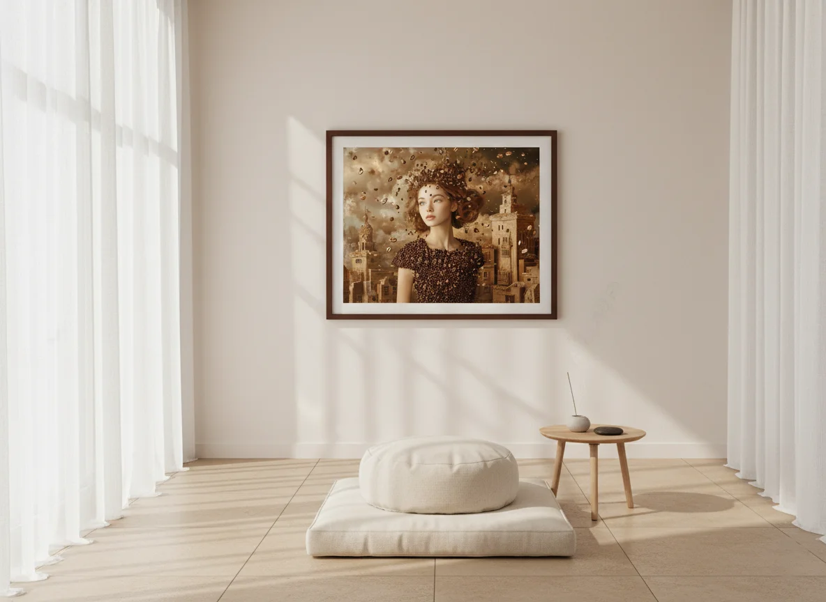 Млада жена с къдрава коса в кафява рокля, обградена от летящи кафеени зърна, фон с градски сгради и кафяви тонове, сюрреалистична и ароматна сцена