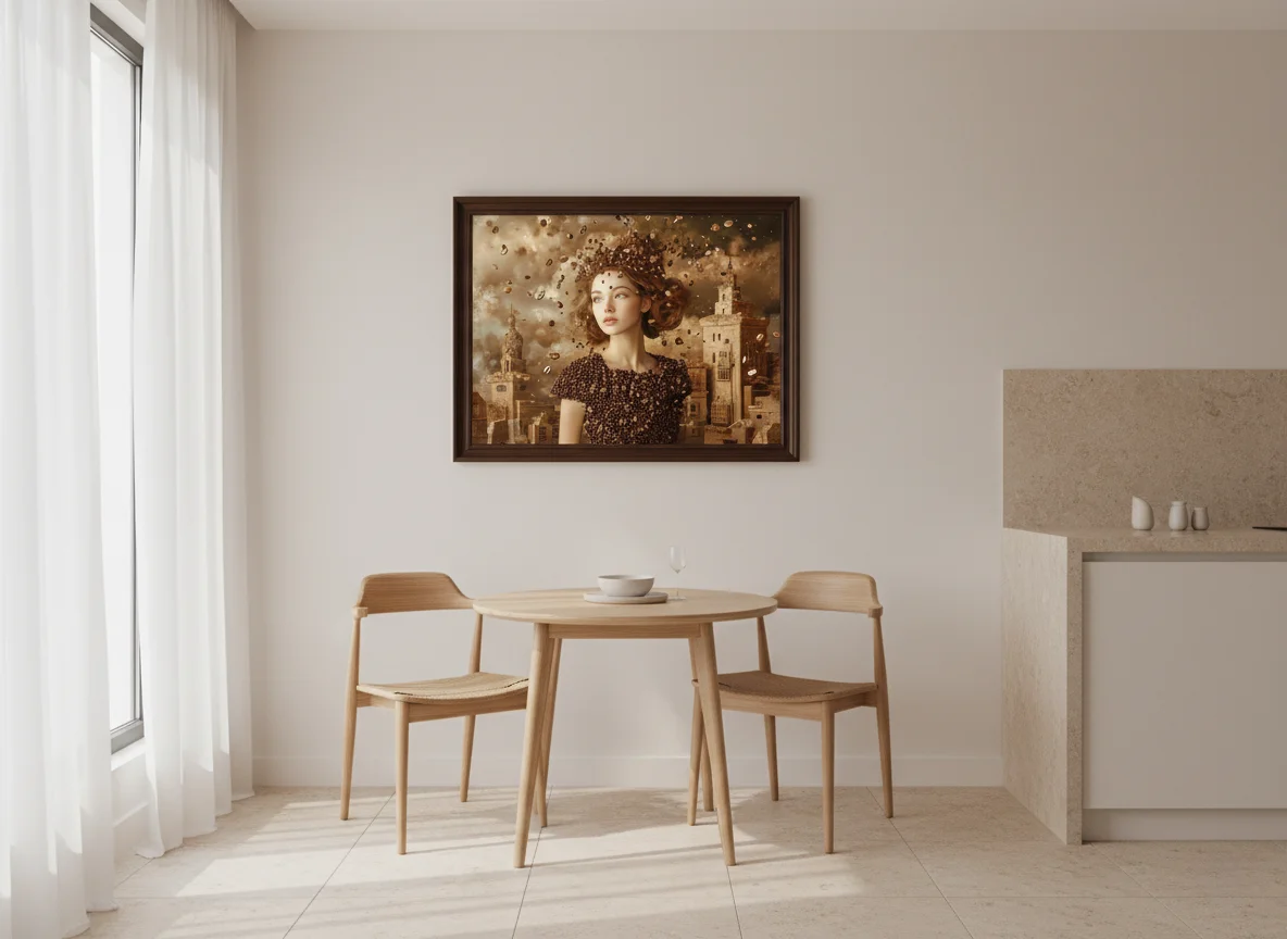 Млада жена с къдрава коса в кафява рокля, обградена от летящи кафеени зърна, фон с градски сгради и кафяви тонове, сюрреалистична и ароматна сцена