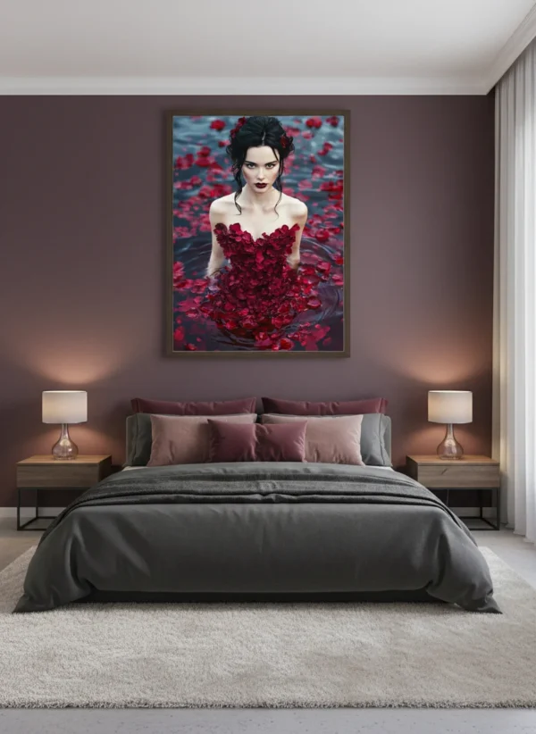 Жена с черна коса и тъмни очи в червена рокля от розови листенца, потънала в тъмносиньо езеро с розови листенца около нея, фантастичен и романтичен стил