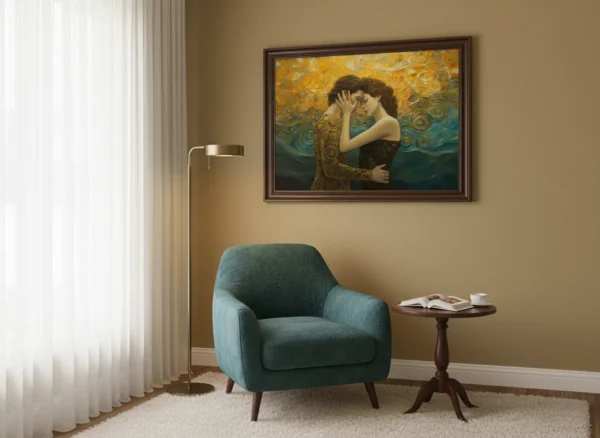 Мъж и жена в нежна прегръдка, обгърнати от златни спирали и вълни на син фон, емоционална импресионистична сцена