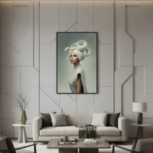 Жена с тъмна кожа в тъмна рокля, бяла змия увита като тюрбан на главата, златна маска на очите, листа около главата, тъмен фон в бежово-кафяви тонове