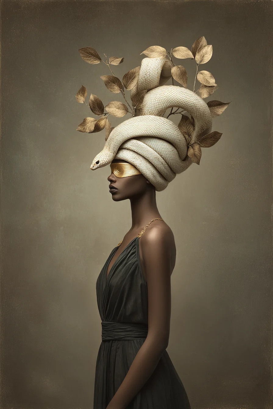 Жена с тъмна кожа в сиво-зелена рокля, с бяла змия увита като тюрбан и златна маска на очите, листа около главата, тъмен фон в бежово-кафяви тонове