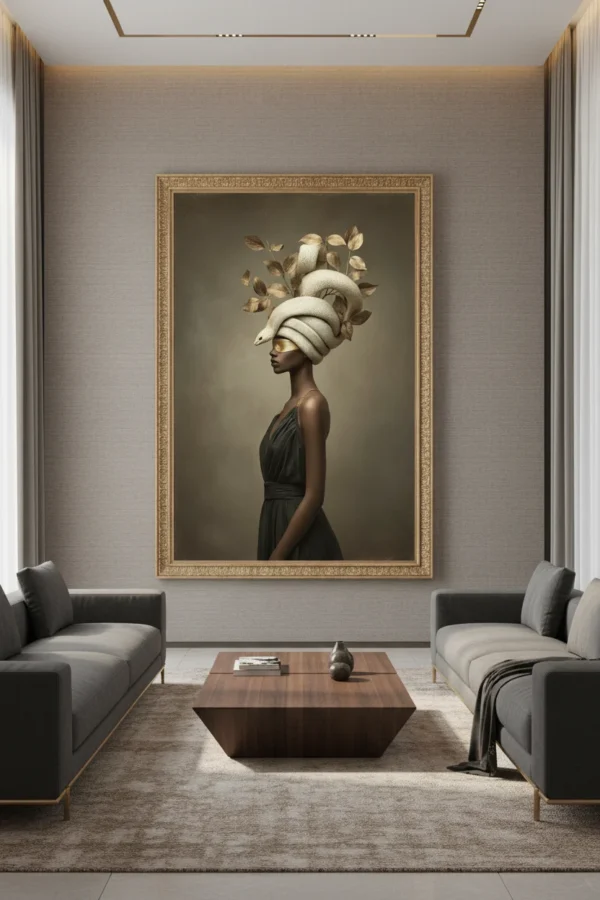 Жена с тъмна кожа в сиво-зелена рокля, с бяла змия увита като тюрбан и златна маска на очите, листа около главата, тъмен фон в бежово-кафяви тонове