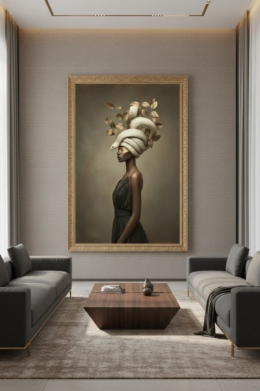 Жена с тъмна кожа в сиво-зелена рокля, с бяла змия увита като тюрбан и златна маска на очите, листа около главата, тъмен фон в бежово-кафяви тонове